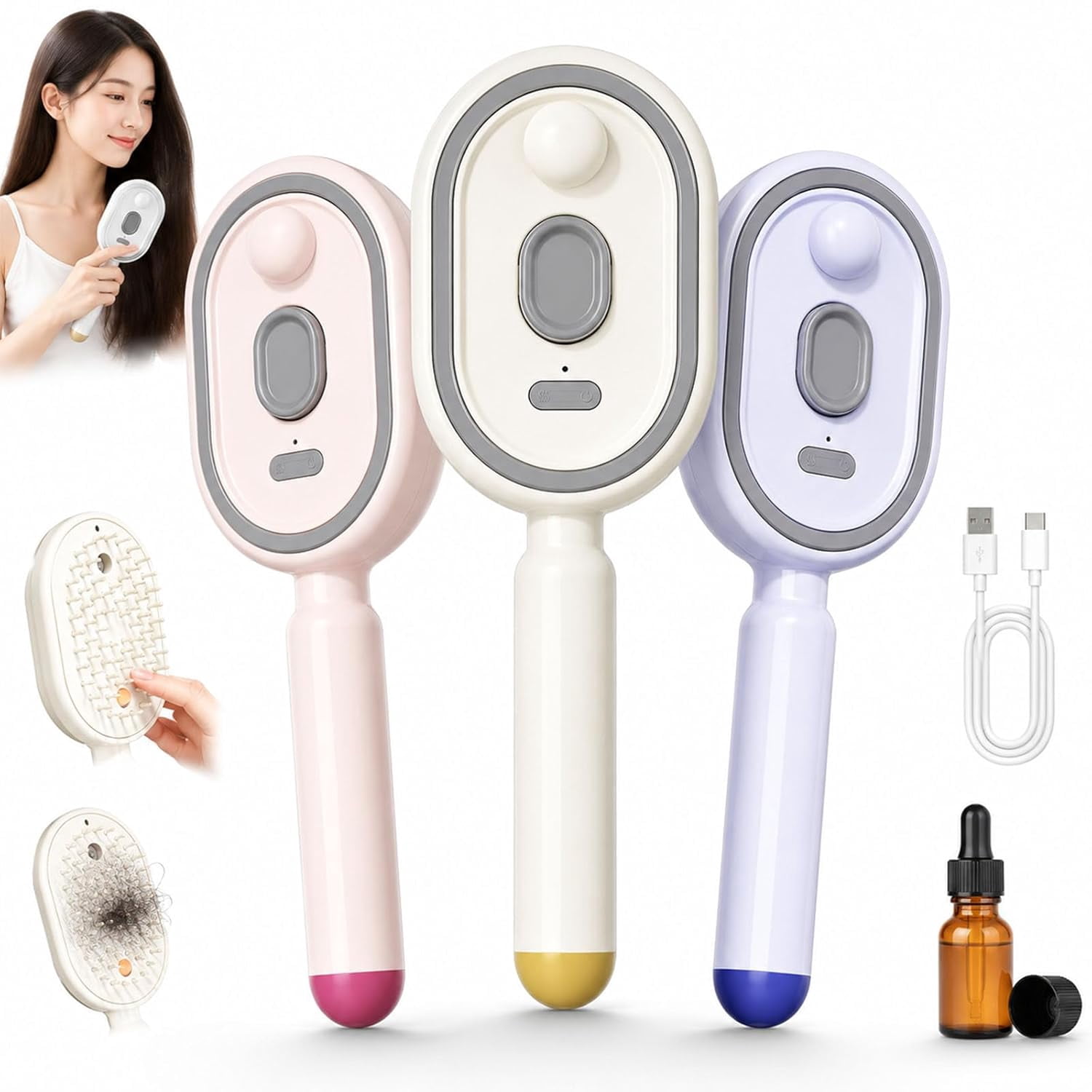 2026 New Electric Spray Air Cushion Massage Comb, Rechargeable Anti-Static Hair Brush with Fine Mist Spray & Red Light Scalp Massage, Wet & Dry Hair Styling (3PCS)
