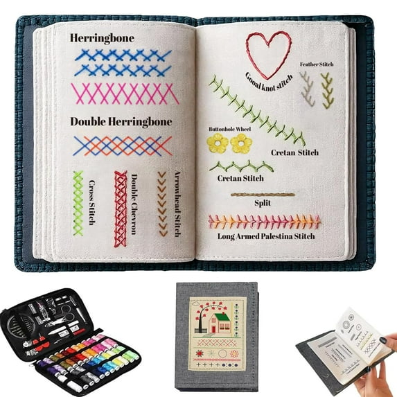 2026 New Embroidery Stitch Book 2pcs Set for Beginners, Portable Practice Books with Step-by-step Instructions, Reusable Fabric Pages and Sewing Tools
