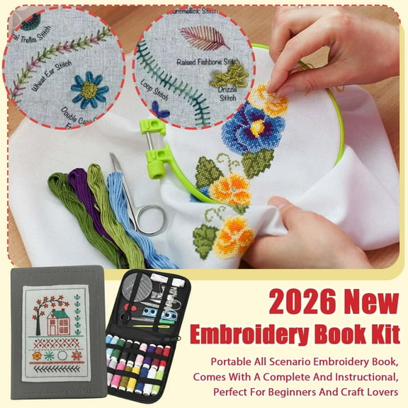 2026 New Embroidery Stitch Book Kit, Portable All-In Embroidery Stitch Book & Sewing Kit Portable 106 Stitch with Complete Toolkit for Diy and Sewing Lovers