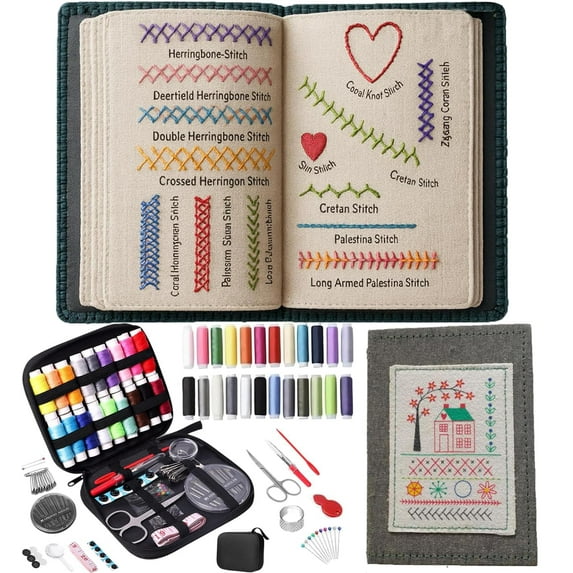 2026 New Embroidery Stitch Book Kit with Portable Design, Includes 86-piece Sewing Tool Set, Illustrated Tutorials and Reusable Fabric Pages for Learning