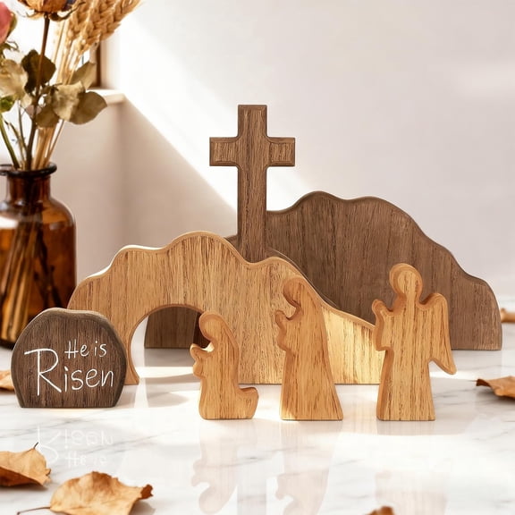 2026 New Empty Tomb Easter Scene and Cross Decoration, 7pcs Wooden Easter Resurrection Scene Cross Jesus Tomb Tray Set, Tabletop Christian Gifts Jesus Nativity Scene Decor for Religious Home Office