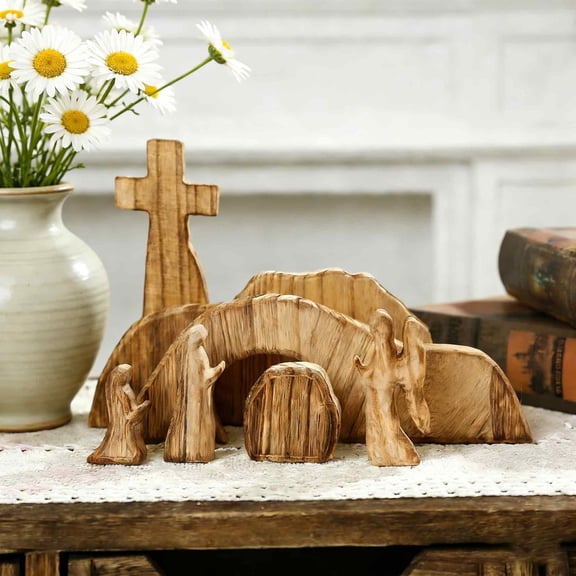 2026 New Empty Tomb Easter Scene and Cross Decoration Wooden Christian Decor Resurrection Jesus Nativity Scene Tiered Tray Set for Religious Display Home Office Tabletop Christian Gifts