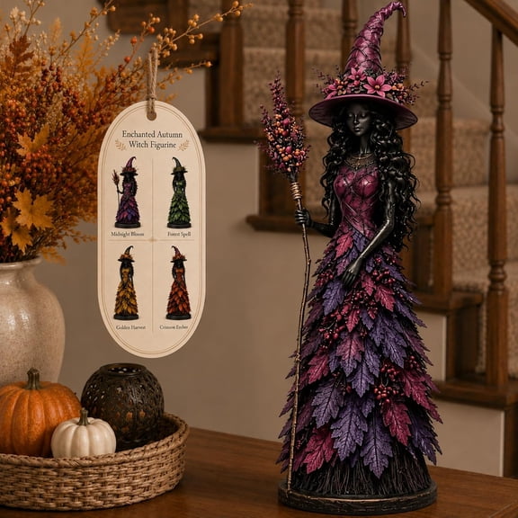 2026 New Enchanted Autumn Witch Figurine, Halloween Witch Statue with Leaf Gown, Rustic Resin Fall Decor for Home, Mantel Shelf Tabletop Halloween Ornament, Thanksgiving Gift, 12in (Purple)