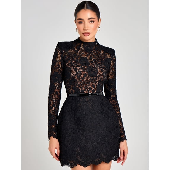 2026 New European and American Style Women's Black Floral Lace High Neck Long Sleeve Mini Skater Dress With Waist Belt