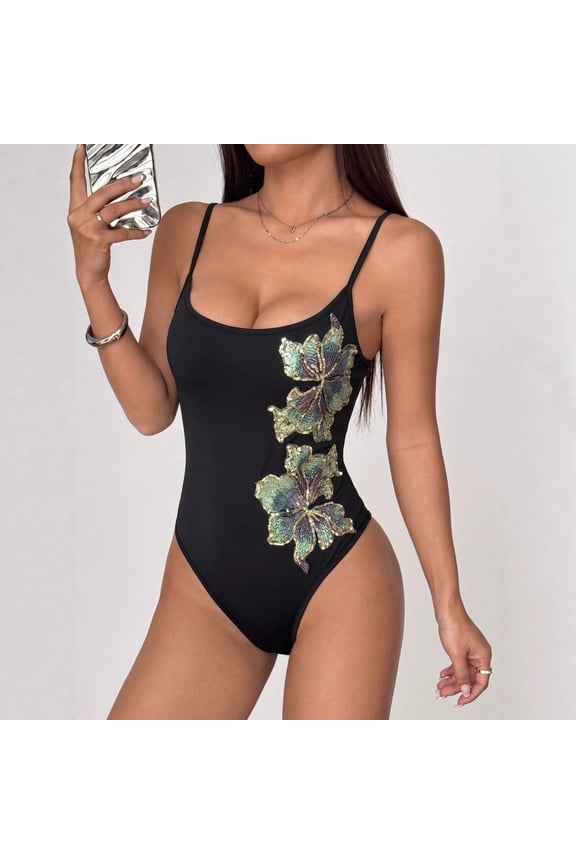 2026 New European and American Style Women's Black Spaghetti Strap One Piece Bodysuit, Iridescent Sequin Floral Applique High Cut Thong Tank Bodysuit