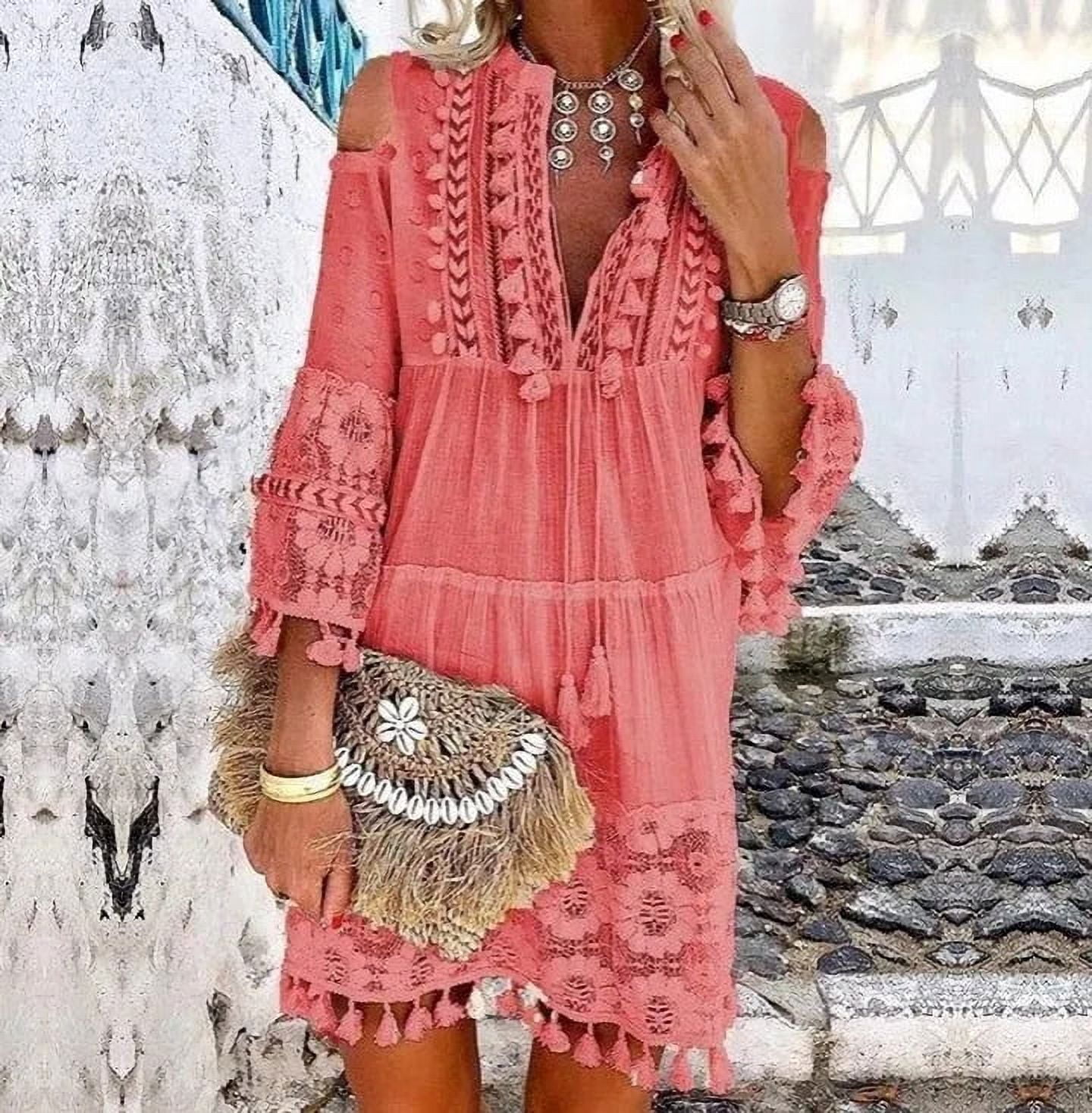 boho dress eu 2026 New European and American Style Women's Cold Shoulder Tassel Crochet Lace 3/4 Sleeve Loose Mini Beach Boho maxi