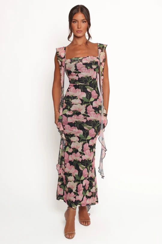 2026 New European and American Style Women's Floral Print Square Neck Maxi Dress, Mesh Ruffle Strap Bodycon Party Dress