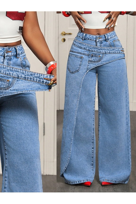 2026 New European and American Style Women's Light Wash Asymmetric Cross Over Waist Wide Leg Denim Jeans Wrap Crossover Waistband Baggy Jeans