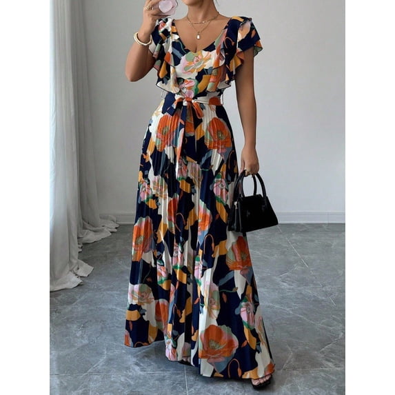 2026 New European and American Style Women's V Neck Ruffle Short Sleeve Self Tie Waist Floral Print Pleated Maxi Dress