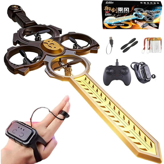 2026 New Flying Battle Battle Sword RC | Dual Hand Gesture & Remote Control, RGB Light Drone With 360° Flips, 3-Speed Modes, Multiple Ways To Play(Black Gold 2 batteries,Dual control)