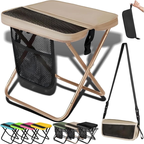 2026 New Foldable Backpack Stool, Ultralight Compact Foldable Sling Bag Stool 12.20*11.42*9.84 In, Portable Pocket Chair With Carrying Bag for Hiking, Camping, Fishing (Khaki, Large)
