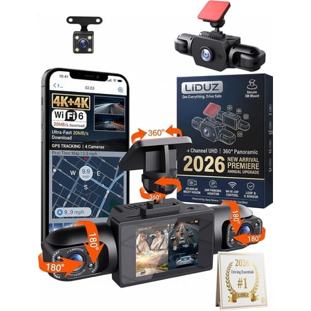 2026 New Full View Wireless Car Dashcam System,4k 4-Channel 360° Panoramic Dash Camera WiFi 6 Driving Recorder,Infrared Night Vision,24/7 Parking Monitor,G-Sensor,Motion Detection(64g)