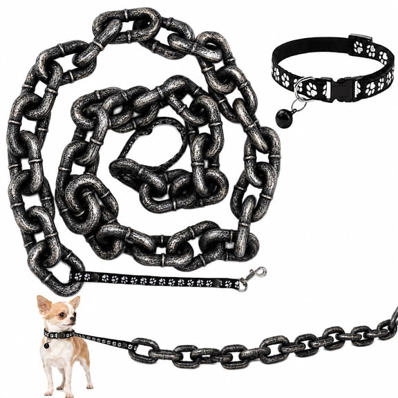 2026 New Funny Fake Iron Giant Chain Dog Leash Set with Paw Collar, Bell and Metal Clip, Lightweight Big Chain Leash Photo Props for Small Dogs and Cats