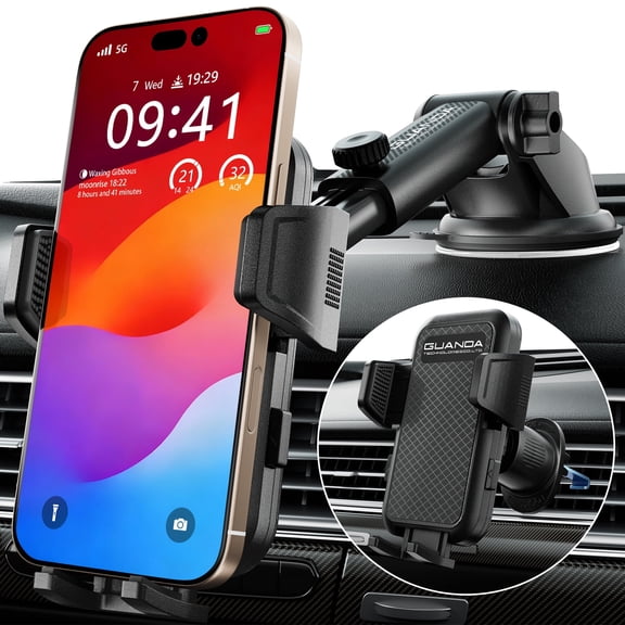 GUANDA Car Phone Mount for Dashboard and Windshield, 2-in-1 Suction Cup Holder with 360° Rotation, Adjustable Arm and Air Vent Hook