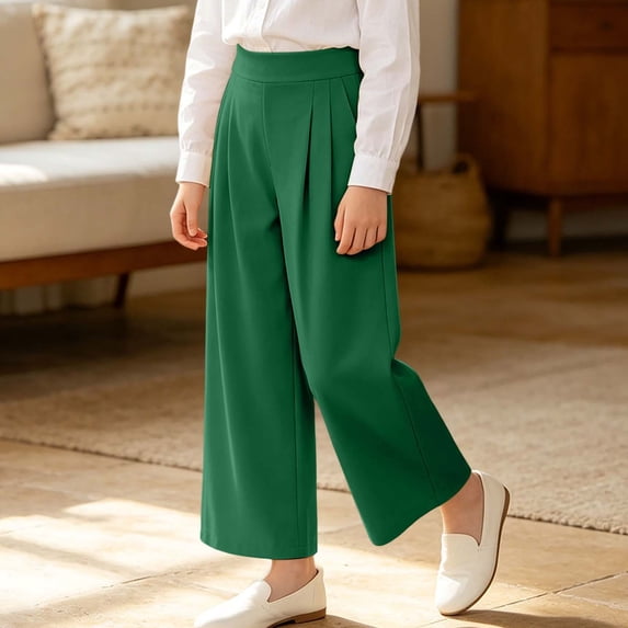 2026 New Girls High Waisted Uniform Pants Kids Wide Leg Dress Pants Preppy Clothes Casual Trousers with Pockets(Green1,11-12 Years)
