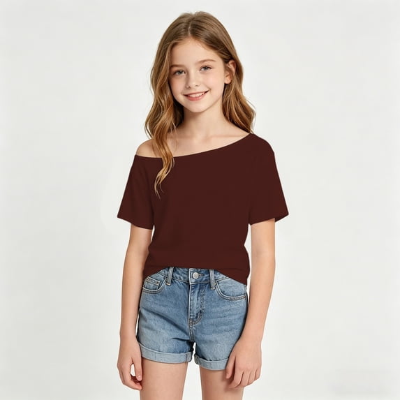 2026 New Girls Off the Shoulder Tops Summer Casual Short Sleeve T Shirts(Brown,8-9 Years)