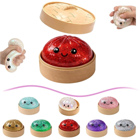 2026 New Glitter Dumpling Squishy Toys, 3.94 Inch Sparkling Steamed Bun with Steamer, Clear Squeeze Stress Ball, Soft Sensory Dough, Maltose Decompression Baozi for Adults Ages3+（Red)