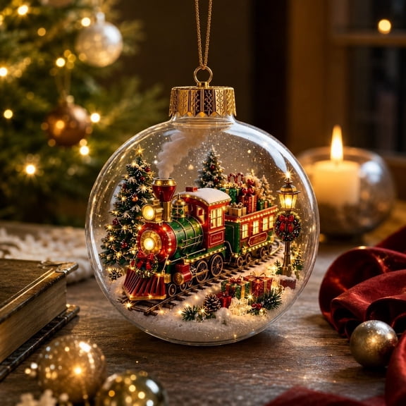 2026 New Glowing Christmas Story Ornament, 4 inch Light Up Christmas Ball with Warm LED Light, Hanging Xmas Decorations for Christmas Tree, Mantel & Home Party Decor and Holiday Gift(Train)