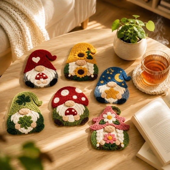 2026 New Gnome Punch Needle Coasters DIY Kit, Complete Embroidery Craft Set, Great Handmade Gift for Craft Lovers Adults Housewarming Birthday