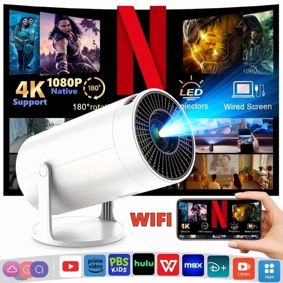 2026 New HD smart Projector, 4K & 1080P, Home Theater for Bedroom Wall, 180 Rotation, Portable with Remote for Office & Outdoor