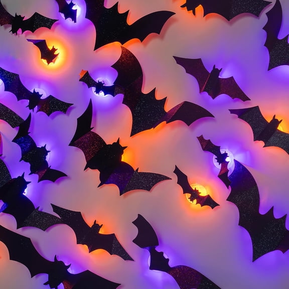 2026 New Halloween 3D Lighted Bats, Upgrade LED Glowing Purple Lighted 3D Bats for Halloween Decoration, Group Hanging Wall Luminous Glow Clings Multipack, Black 12 Pcs