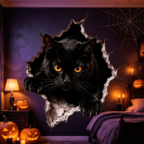 2026 New Halloween Break-In Wall Decals, 3D Spooky Character Wall Sticker with Realistic Shattered Burst Effect, Removable Creative Halloween Decoration for Front Door Wall Home Window(Black Cat)