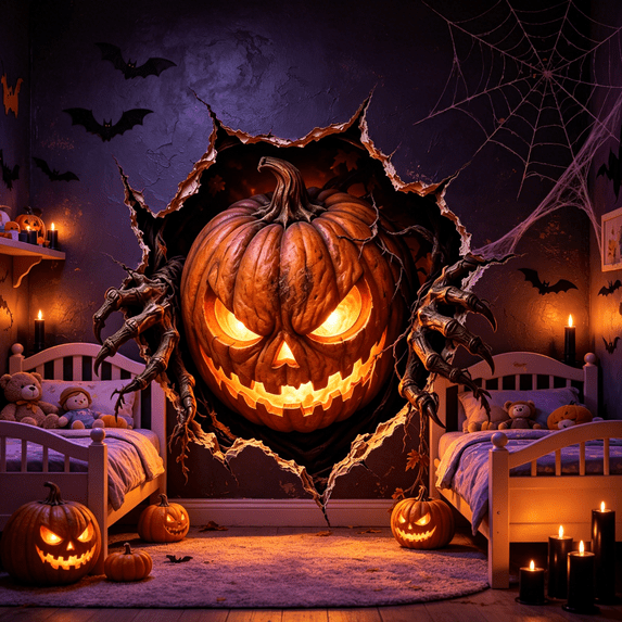 2026 New Halloween Break-In Wall Decals, 3D Spooky Character Wall Sticker with Realistic Shattered Burst Effect, Removable Creative Halloween Decoration for Front Door Wall Home Window(Pumpkin)