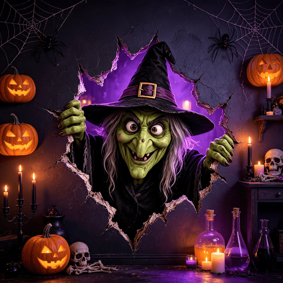 2026 New Halloween Break-In Wall Decals, 3D Spooky Character Wall Sticker with Realistic Shattered Burst Effect, Removable Creative Halloween Decoration for Front Door Wall Home Window(Witch)