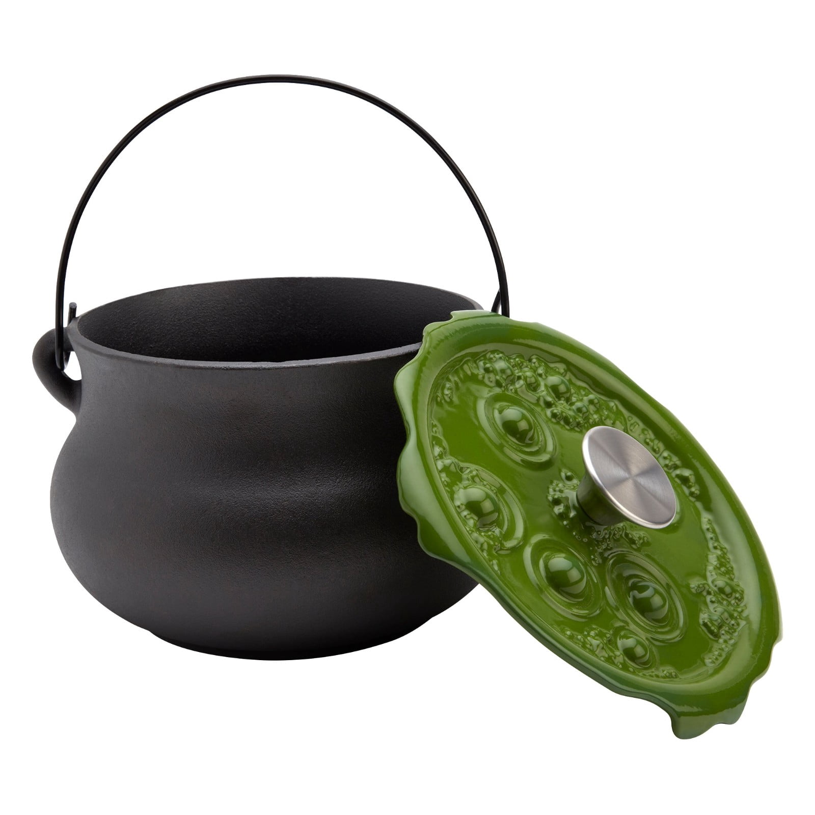 2026 New Halloween Cast Iron Cauldron Pot, Creepy Witches Cauldron with Green Lid, Black Cauldron Slow Cooker for Cooking and Halloween Tabletop Decoration