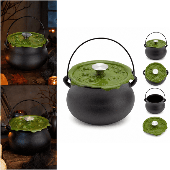2026 New Halloween Cast Iron Cauldron Pot with Green Bubbling Lid, WitchStyle Cooking Pot for Soups Stews Desserts, Spooky Kitchen Decor for Holiday Entertaining