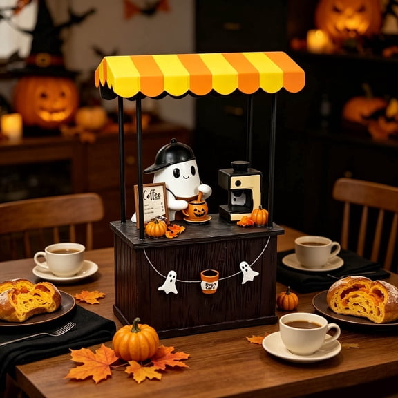 2026 New Halloween Cute Ghost Barista Coffee Stand Figurine, 12 Inch Freshly Boo'd Ghost Cafe Booth Resin Statue, Whimsical Tabletop Ornament for Coffee Bar, Mantel, Bookshelf & Fall Home Decor,White