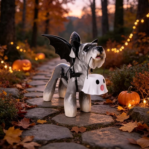 2026 New Halloween Dog Statue, Schnauzer Dog Figurine with Bat Wings and Ghost Candy Bucket, Halloween Lighted Dog Figurine with Candy Bucket, Dog Statue for Halloween Porch Lawn Party Decor
