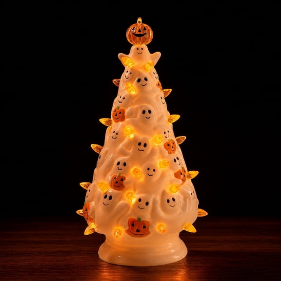 2026 New Halloween Ghost Pumpkin Tree Light, Resin Table Decorations Lamp, Smiling Ghost Orange Glow Mantel Desktop Shelf Holiday Home Decor Party Centerpiece Night Light Ornament