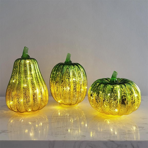 2026 New Halloween Green Glass Pumpkin Light with Lights Inside Battery Operated Led Pumpkin Light Ideal for Halloween Fall Decoration Thanksgiving Decor Xmas Christmas,A