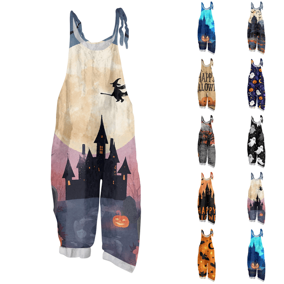 2026 New Halloween Overalls for Women Linen Sleeveless Plus Size Print Jumpsuits Spaghetti Strap Rompers