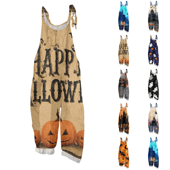 2026 New Halloween Overalls for Women LinenSleeveless Plus Size Floral Print Jumpsuits Spaghetti Strap Rompers Spring Summer