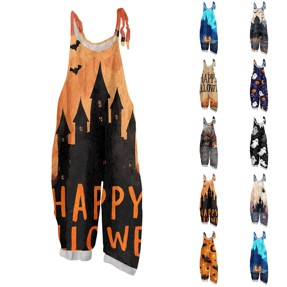 2026 New Halloween Overalls for Women LinenSleeveless Plus Size Floral Print Jumpsuits Spaghetti Strap Rompers Spring Summer