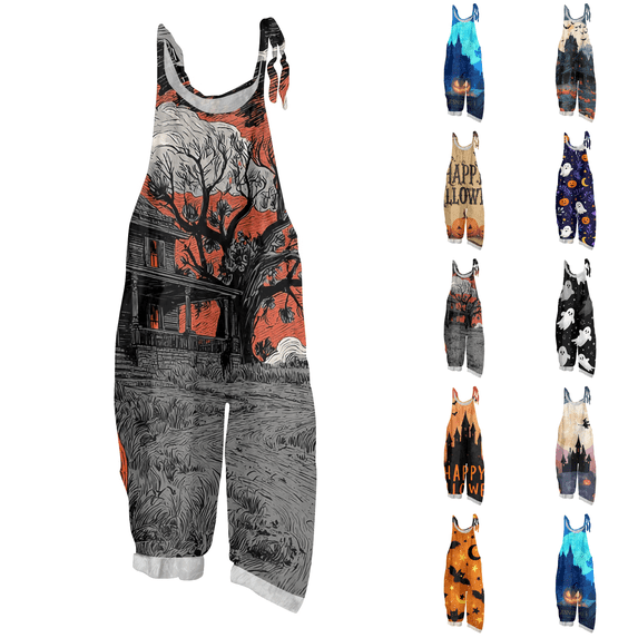 2026 New Halloween Overalls for Women LinenSleeveless Plus Size Floral Print Jumpsuits Spaghetti Strap Rompers Spring Summer