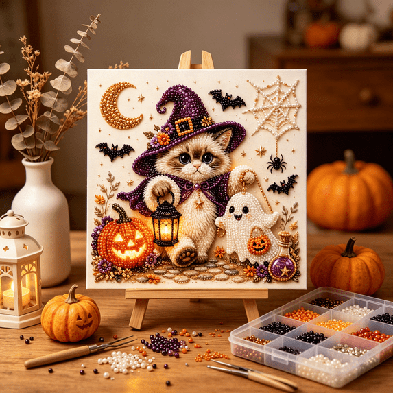 2026 New Halloween Pearl Diamond Painting Art Kit,DIY 3D Pearl Bead Painting Kit Complete Craft Supplies for Adults Beginner,Cute Diamond Painting Crafts,Halloween Decor for Home Wall Decor