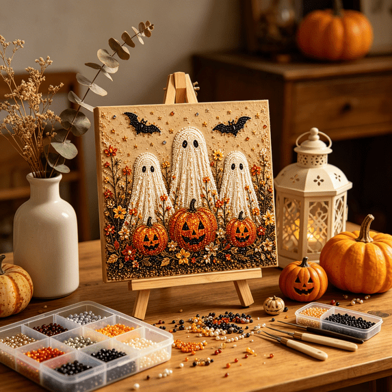2026 New Halloween Pearl Diamond Painting Art Kit,DIY 3D Pearl Bead Painting Kit Complete Craft Supplies for Adults Beginner,Cute Diamond Painting Crafts,Halloween Decor for Home Wall Decor
