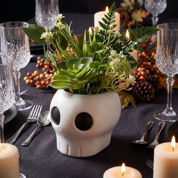 2026 New Halloween Resin Skull Flower Vase, Cute Skeleton Planter Pot, Spooky Decorative Floral Container for Tabletop Mantel Home Party Decor