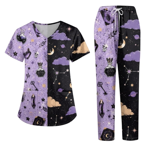2026 New Halloween Scrub Set for Woman, V-Neck Short Sleeve Top & Pants Medical Uniform for Nurses, Healthcare Workers with Pockets, 01-Dark Purple, XXL