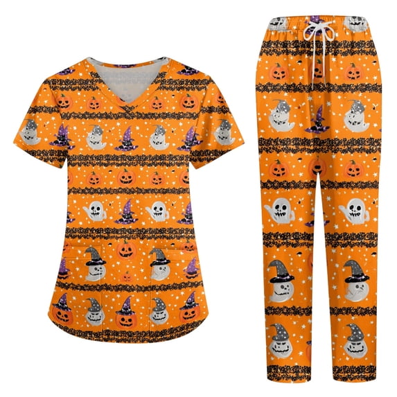 2026 New Halloween Scrub Set for Woman, V-Neck Short Sleeve Top & Pants Medical Uniform for Nurses, Healthcare Workers with Pockets, 01-Multicolor, S