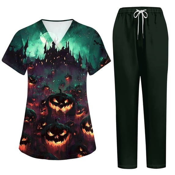 2026 New Halloween Scrubs Set for Women, V-Neck Short Sleeve Top & Pants, Soft Breathable Medical Uniform with Pockets for Nurses & Caregivers, 01-Mint Green, XL