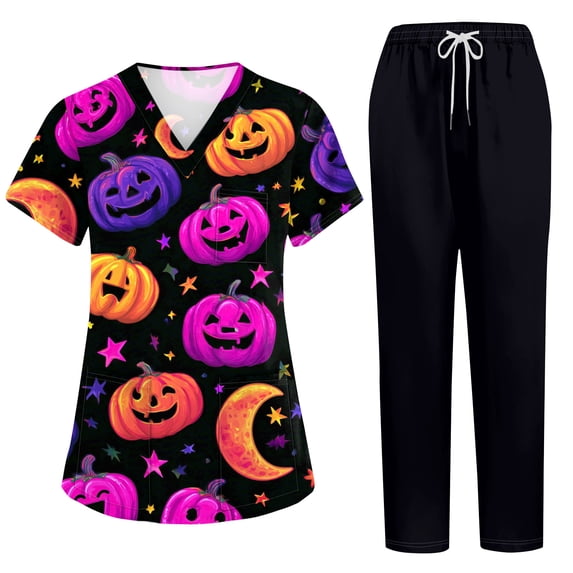 2026 New Halloween Scrubs Set for Women, V-Neck Short Sleeve Top & Pants, Soft Breathable Medical Uniform with Pockets for Nurses & Caregivers, 01-Purple, M