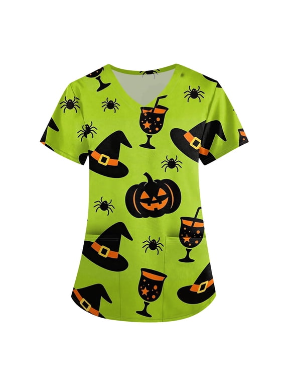 2026 New Halloween Scrubs for Women Nurse Vet Pediatric Plus Size Nursing Uniforms Cute Demon Cat Scrub Tops with Pockets, 01-Green, XL
