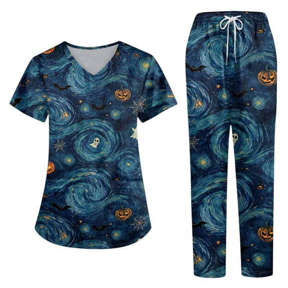 2026 New Halloween Scrubs for Women Set Medical Uniform - V-Neck Top & Straight Leg Pants with Pockets, Nurse Workwear, 01-Dark Blue, XL