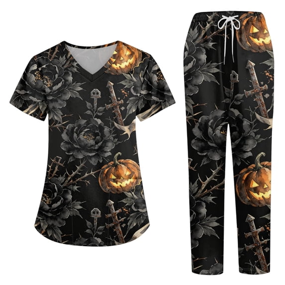 2026 New Halloween Scrubs for Women Set Medical Uniform - V-Neck Top & Straight Leg Pants with Pockets, Nurse Workwear, 02-Gray, L