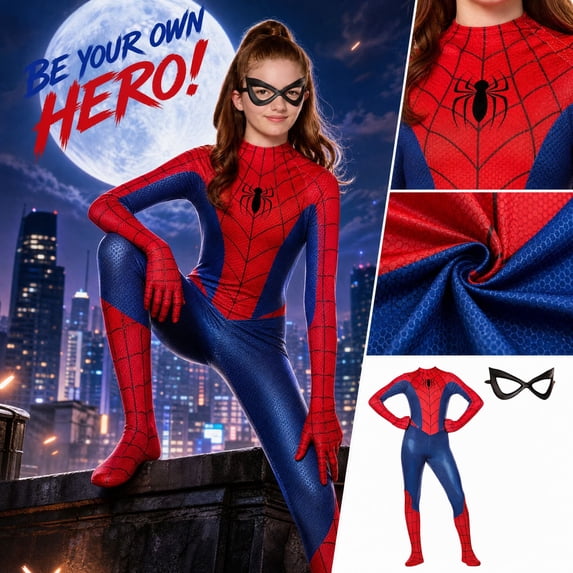 2026 New Halloween Spide Cosplay Costume, Hero Costume Set, Cosplay Set Includes Jumpsuit with Domino Mask, Women Halloween Outfit Birthday Party Gifts Halloween Outfit, 100(2-3 Years)