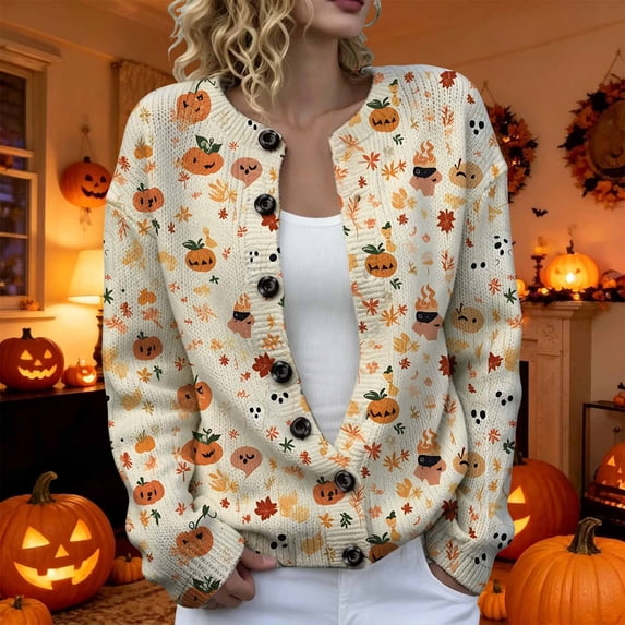 2026 New Halloween Sweaters for Women Casual Knitted Cardigan Pullover Cute Pumpkin Graphic Fall Button Down Tops(Beige4,XXXXXL)